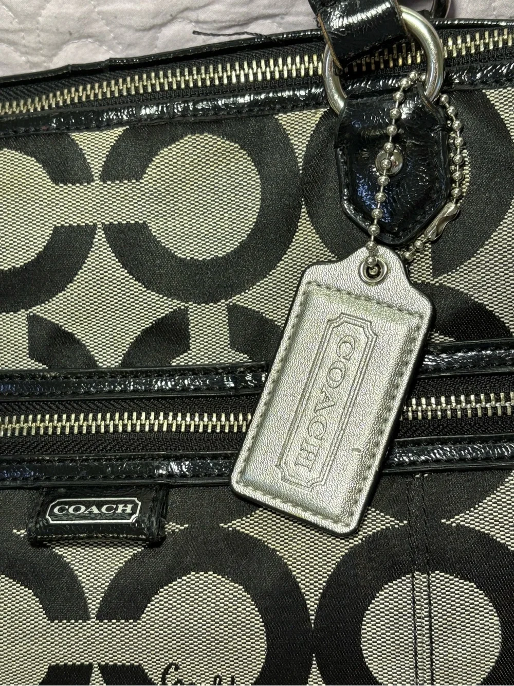 Coach Black & Gray Signature Canvas Tote with Leather Trim